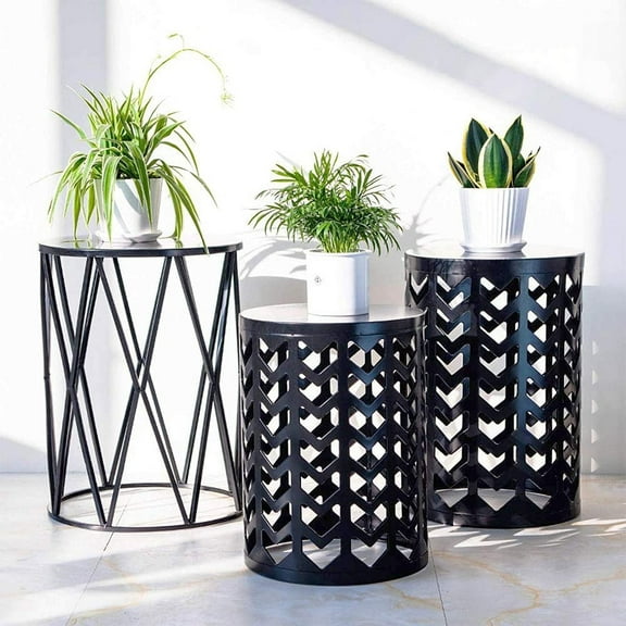 Y&M Set of 3 Nesting Metal Round Coffee Table, Side Table End Table for Indoor Outdoor Multifunctional Use,Heavy Duty Metal Plant Stand Garden Stool- Black