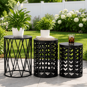 Y&M Set of 3 Nesting Metal Round Coffee Table, Side Table End Table for Indoor Outdoor Multifunctional Use,Heavy Duty Metal Plant Stand Garden Stool- Black