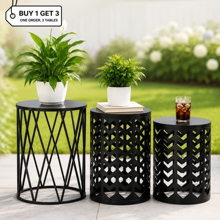 Y&M 3-Piece Nesting Side Table Set, Round Metal Outdoor End Tables with Plant Stand, Black