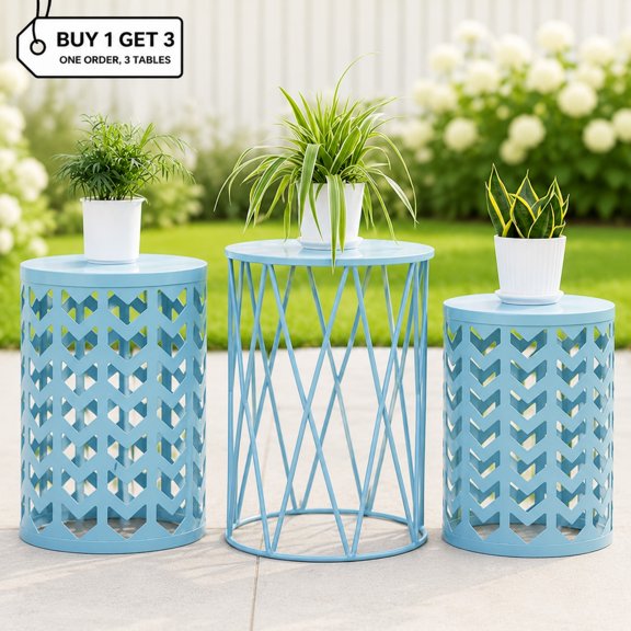 Y&M Set of 3 Nesting Metal Round Coffee Table, Side Table End Table for Indoor Outdoor Multifunctional Use,Heavy Duty Metal Plant Stand Garden Stool- Skyblue