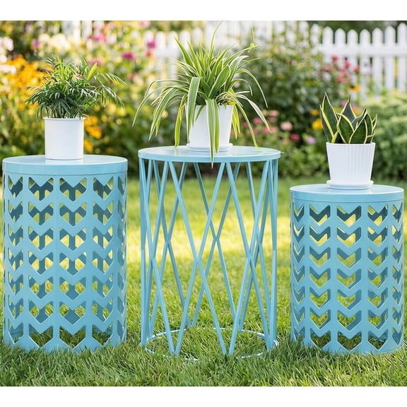 Y&M Set of 3 Nesting Metal Round Coffee Table, Side Table End Table for Indoor Outdoor Multifunctional Use,Heavy Duty Metal Plant Stand Garden Stool- Skyblue