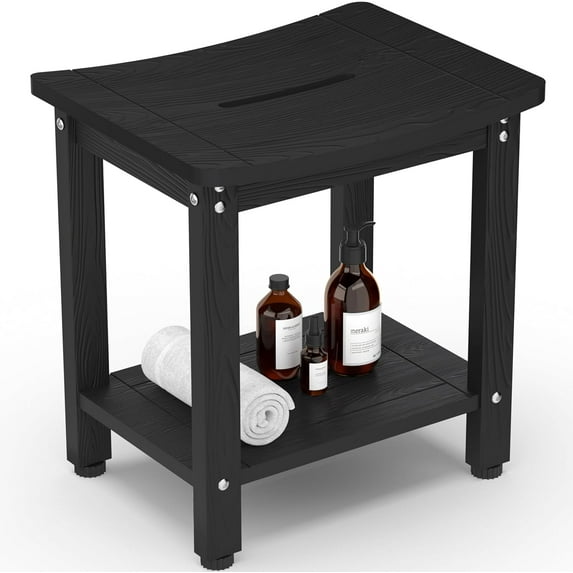 Y&M Shower Benches for Inside Shower to Sit On, HDPE Indoor Shower Seat for Adults Waterproof Outdoor Shower Chair Bathroom Rest Foot Stool with Storage Shelf, Black
