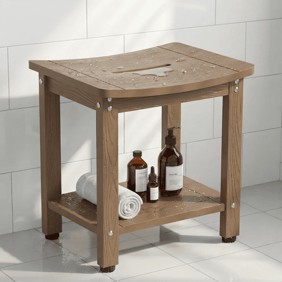 Y&M Shower Benches for Inside Shower to Sit On, HDPE Indoor Shower Seat for Adults Waterproof Outdoor Shower Chair Bathroom Rest Foot Stool with Storage Shelf, Brown