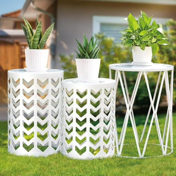 Y&M Side Table,Set of 3 Heavy-Duty Round End Table, Outdoor Decorative Garden Stool Plant Coffee Table for Indoor Multifunctional Use, Stand-White