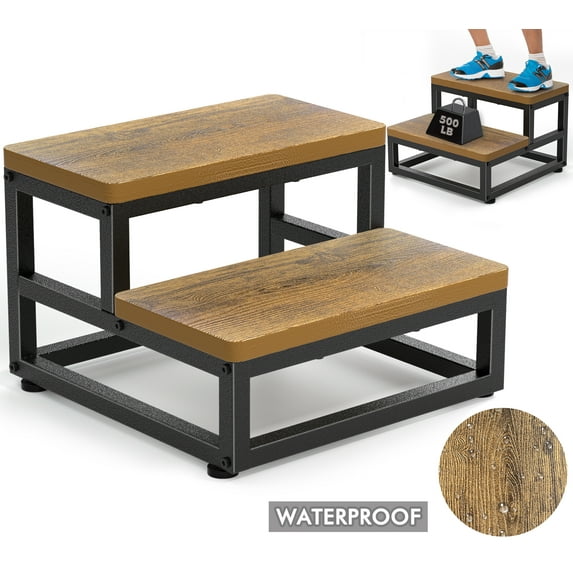 Y&M Step Stool for Adults Kids, Waterproof HPDE One Step Foot Stool with Adjustable Non-Slip Feet, Bed Steps for High Beds, Sturdy Metal Frame Stepping for Kitchen Bathroom Bedroom Living Room-Brown
