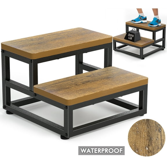 Y&M Step Stool for Adults Kids, Waterproof HPDE One Step Foot Stool with Adjustable Non-Slip Feet, Bed Steps for High Beds, Sturdy Metal Frame Stepping for Kitchen Bathroom Bedroom Living Room-Brown