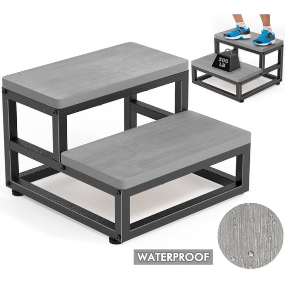 Y&M Two-Step Metal Step Stool with Water-Resistant Finish, Adjustable Non-Slip Pads, Sturdy Portable Design, Grey