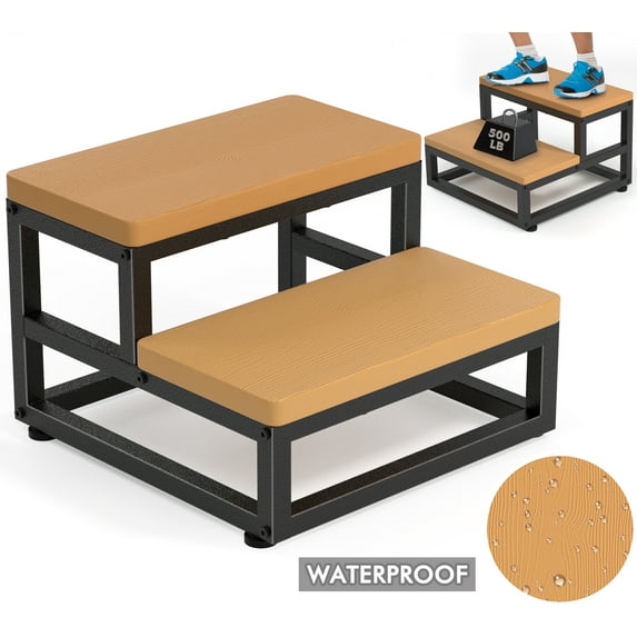 Y&M Two Step Stool for Adults Kids, Waterproof HPDE Bed Step Foot Stool with Adjustable Non-Slip Feet, Metal Frame Stepping for Kitchen Bathroom Bedroom Living Room, Indoor or Outdoor Use, Brown