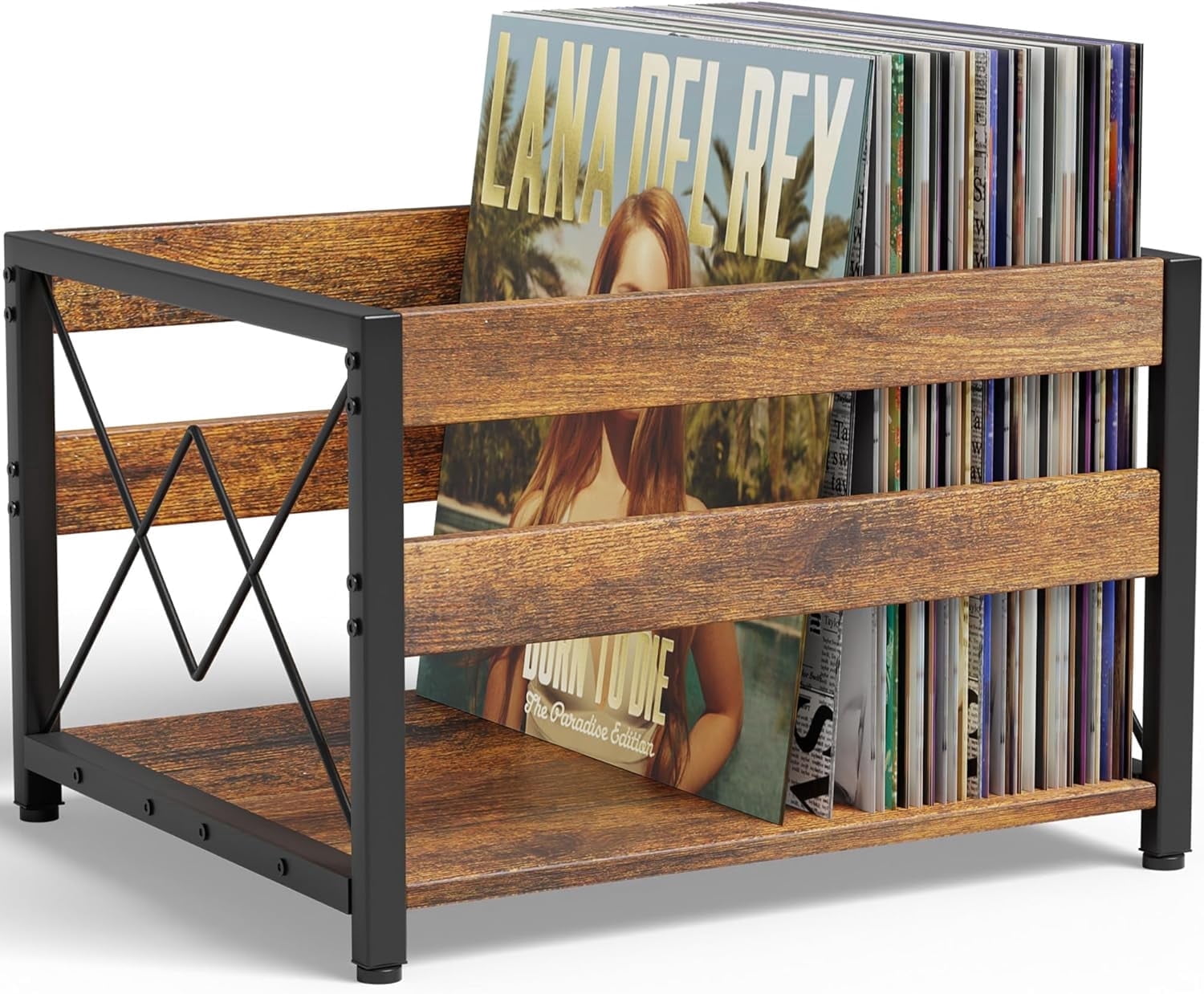 Y&M Vinyl Record Storage Crate, Wooden Storage Box, Classic Cube CD Albums Shelf Holder Organizer, Holds Up to 100+ Records, Magazine Rack for Desktop, Home, Office, Brown