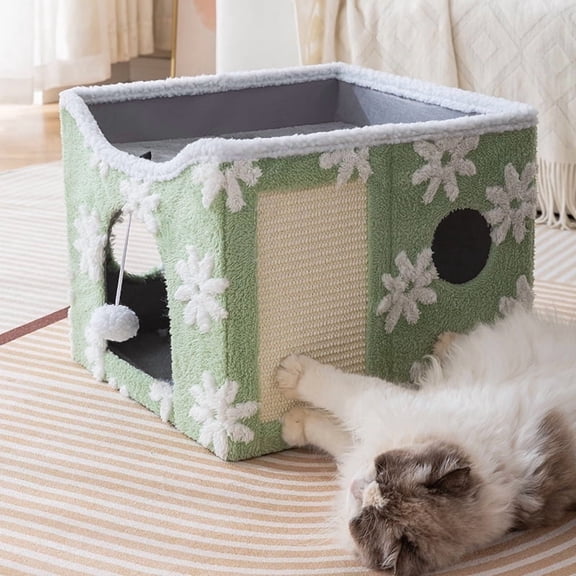 PELUOMOZ Clawable Large Indoor Cat House with Scratch Pad & Fluffy Ball Hanging, Green Flower