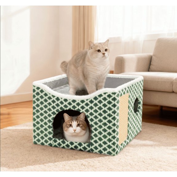 Peluomoz Clawsable Large Indoor Cat House with Scratch Pad & Fluffy Ball Hanging, Green