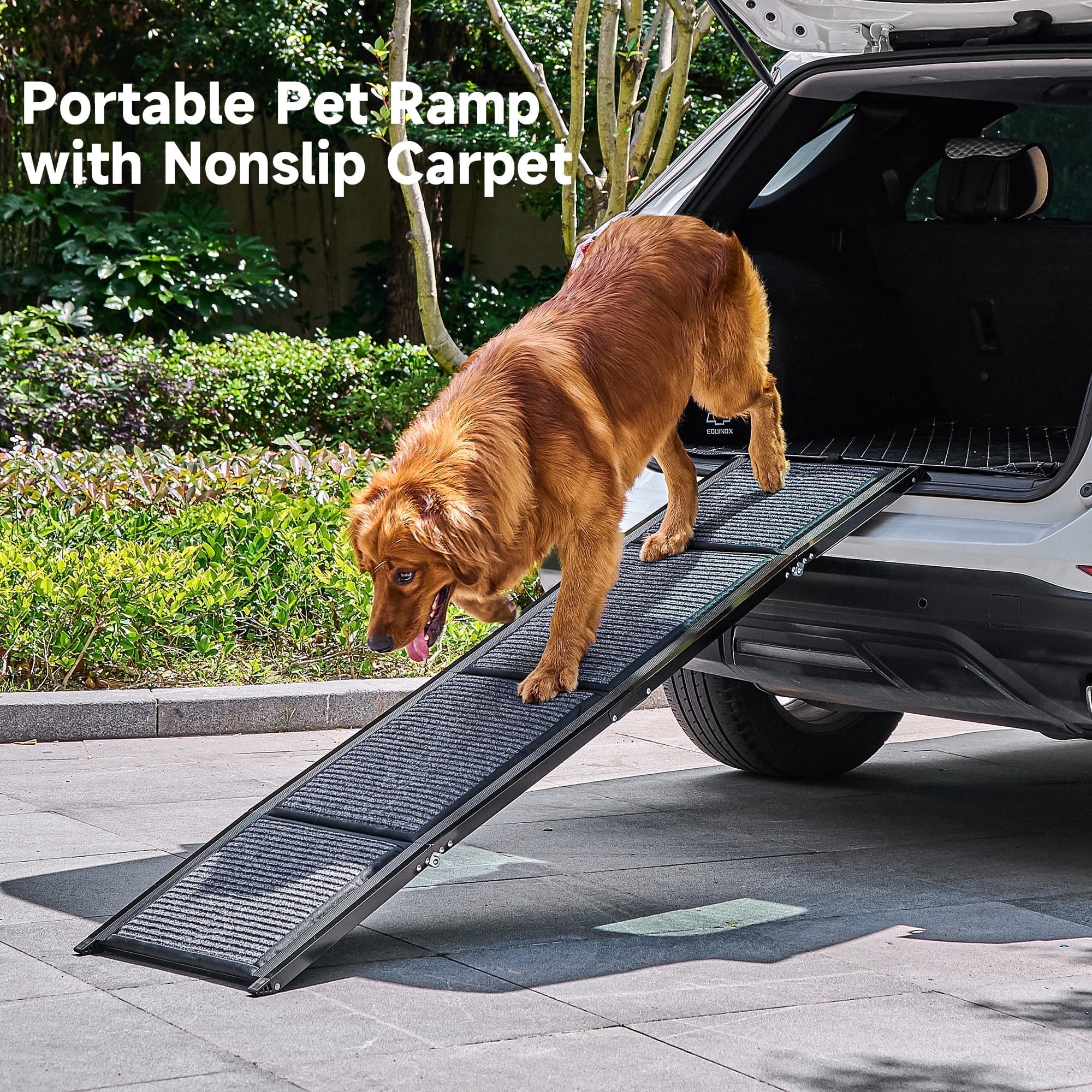 63-Inch Black Aluminum Foldable Dog Car Ramp with Nonslip Rug Surface