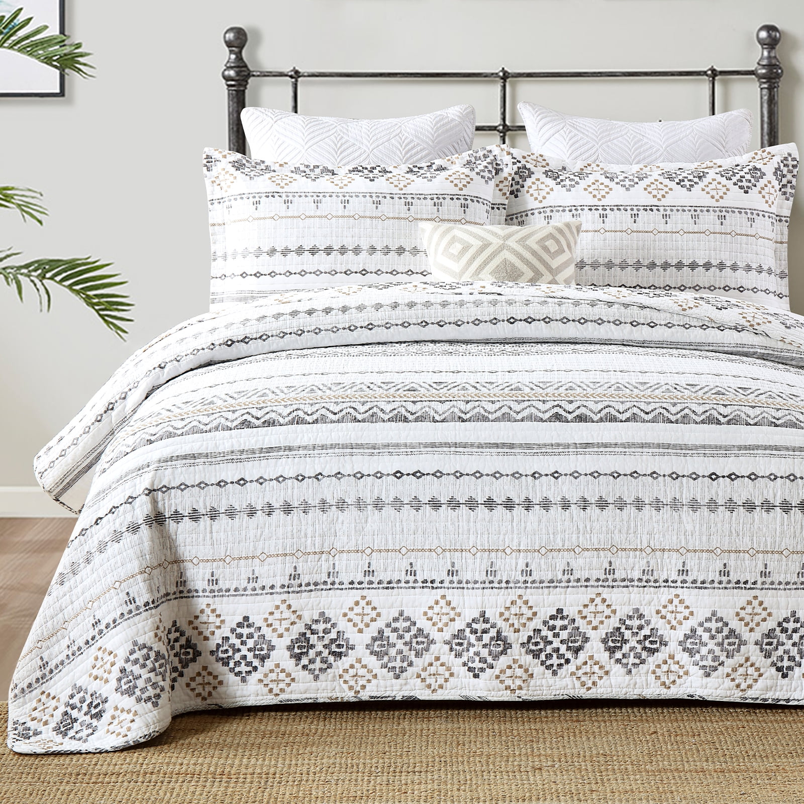 Y-PLWOMEN 100% Cotton Quilt King Size - Boho Striped Geometric Quilt Lightweight Quilted Bedspread, Bohemian King Comforter Set, Soft Bed Spread for King Bed with Pillow Shams
