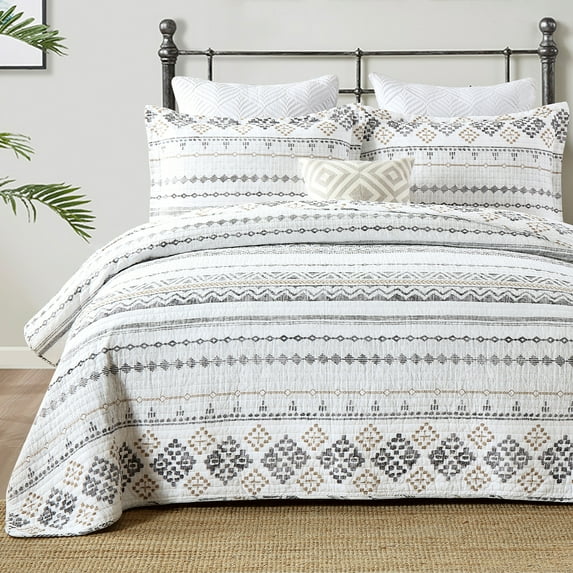 Y-PLWOMEN 100% Cotton Quilt King Size - Boho Striped Geometric Quilt Lightweight Quilted Bedspread, Bohemian King Comforter Set, Soft Bed Spread for King Bed with Pillow Shams