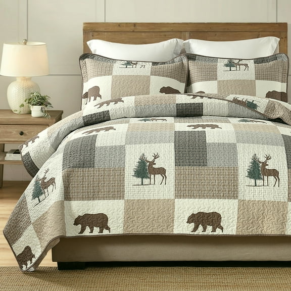 Y-PLWOMEN 100% Cotton Quilt King Size - Cabin Quilt Lodge Farmhouse Lightweight Quilted Bedspread, Plaid Animal Soft Bed Spread for King Bed with Pillow Shams