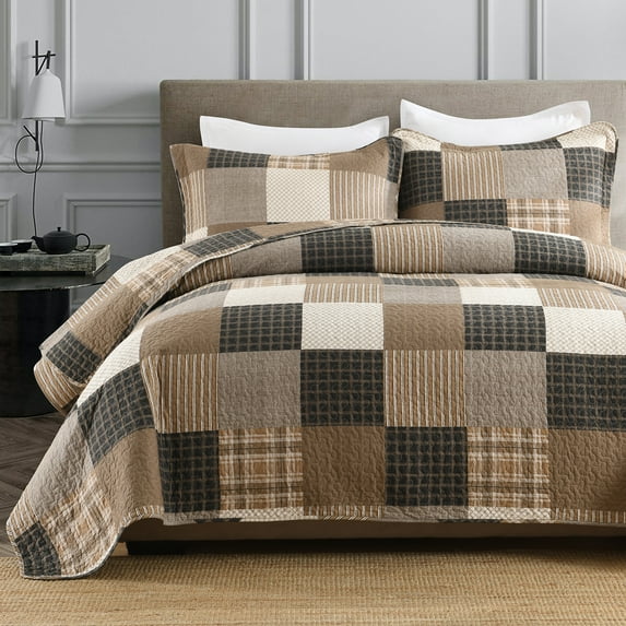 Y-PLWOMEN 100% Cotton Quilt King Size - Farmhouse Quilt Plaid Lightweight Quilted Bedspread, Brown King Comforter Set, Soft Bed Spread for King Bed with Pillow Shams