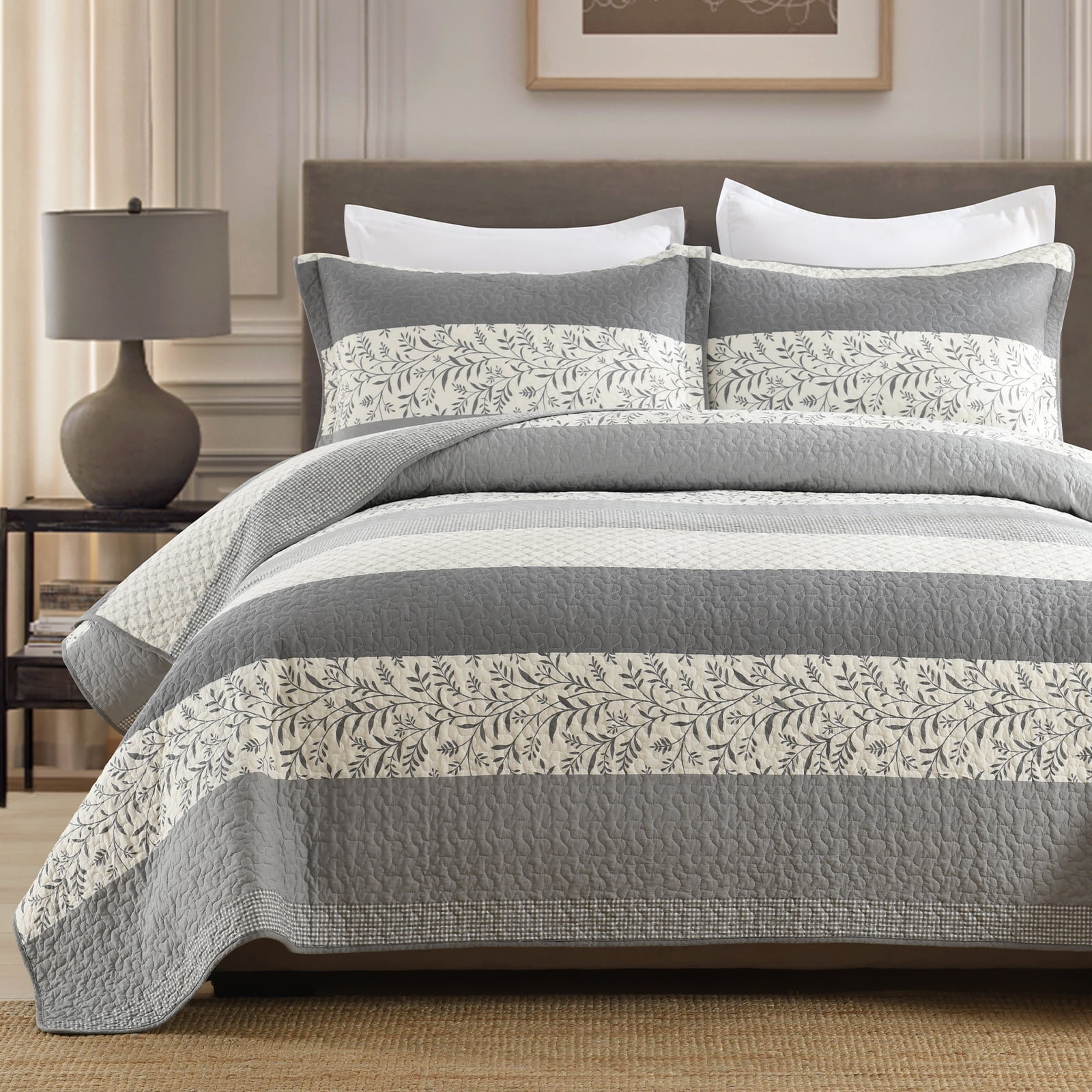 Y-PLWOMEN 100% Cotton Quilt King Size - Gray Striped Lightweight Beige Quilt, Floral Quilted Bedspread Lightweight Comforter Set, Soft Bed Spread for King Bed with Pillow Shams