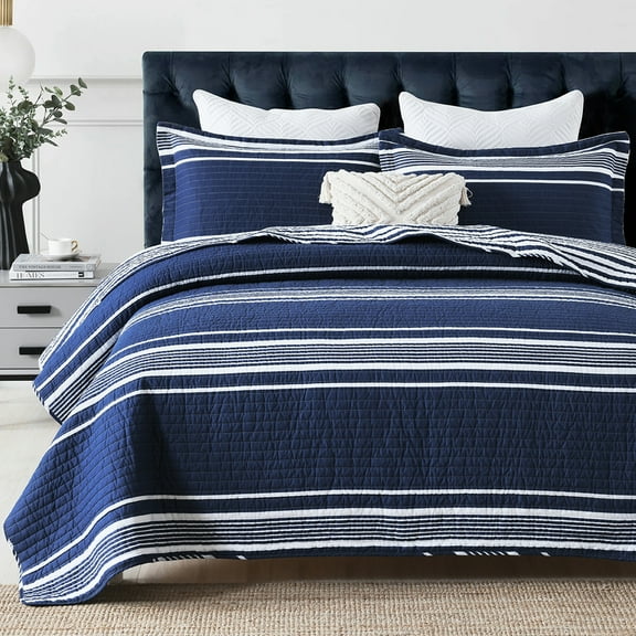 Y-PLWOMEN 100% Cotton Quilt King Size - Navy Quilt White Striped Lightweight Quilted Bedspread, King Comforter Set, Soft Bed Spread for King Bed with Pillow Shams
