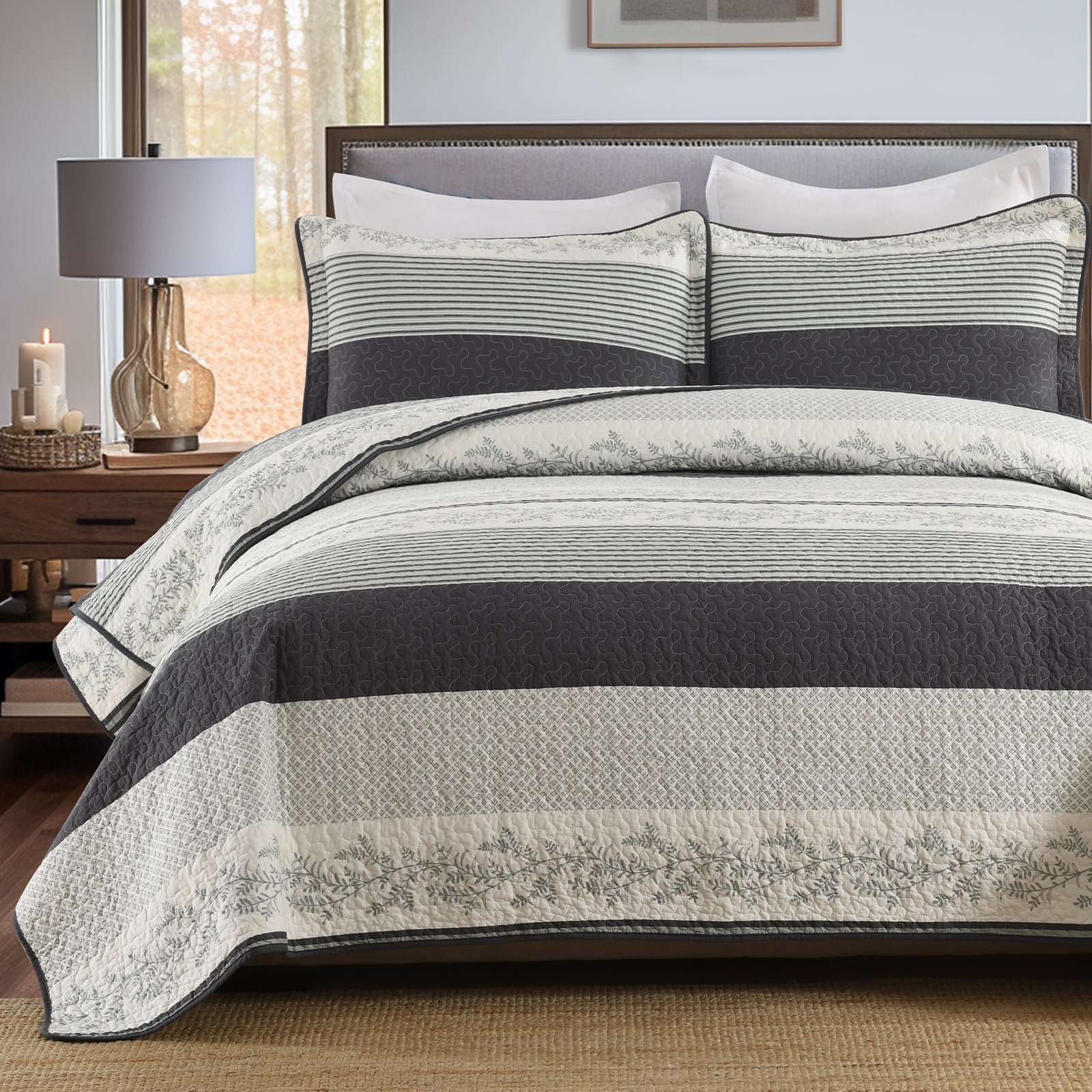 Y-PLWOMEN 100% Cotton Quilt Queen Size - Dark Gray Striped Lightweight Beige Quilt, Floral Quilted Bedspread Lightweight Comforter Set, Soft Bed Spread for Queen Bed with Pillow Shams