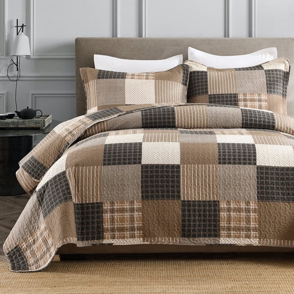 Y‑PLWOMEN 100% Cotton Quilt Set Queen Size 90"x98", Farmhouse Cabin Plaid Patchwork Reversible Quilted Bedspread, Lightweight Brown Black Beige Comforter Bedding Set, 3 Pcs (1 Quilt, 2 Pillow Shams)