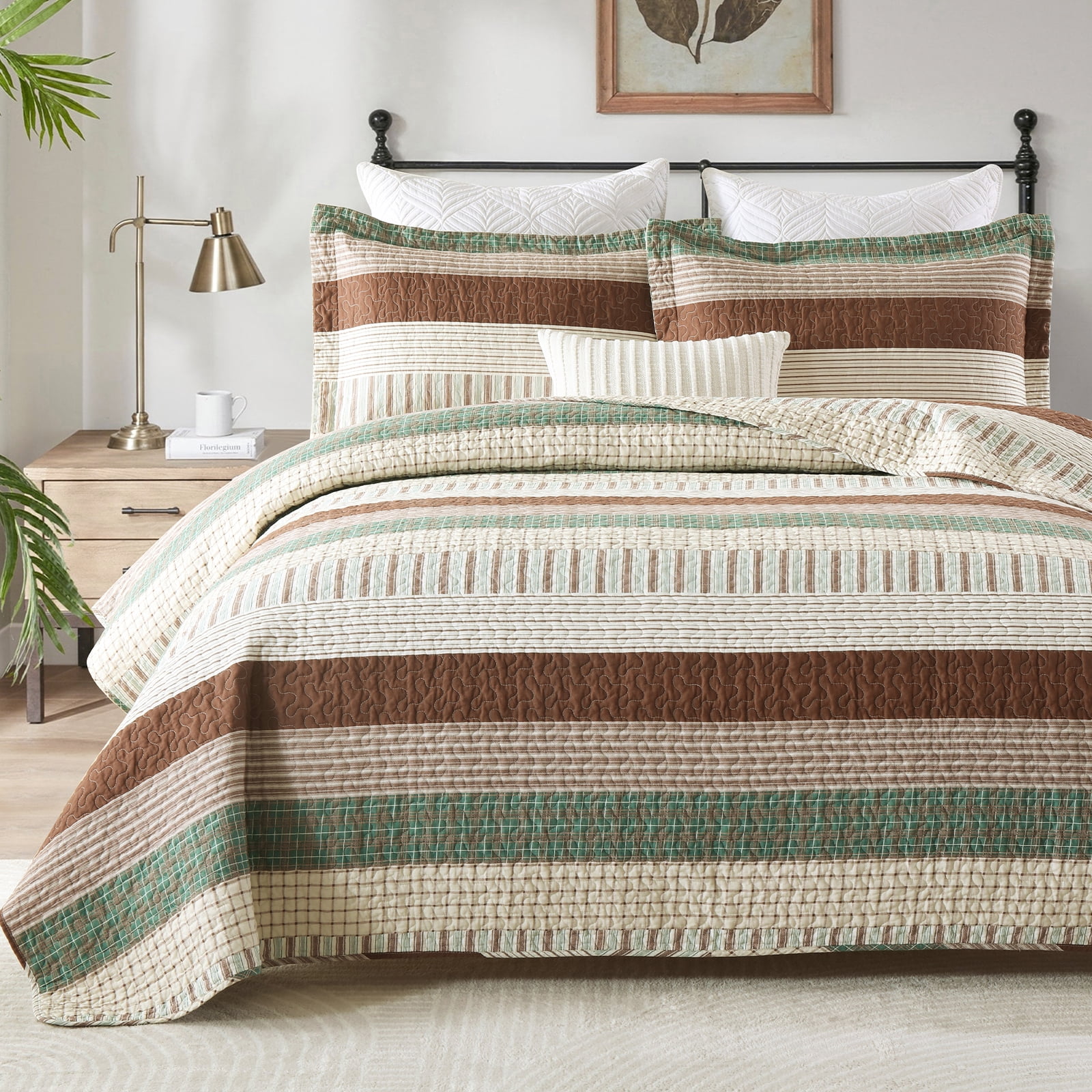 Y-PLWOMEN 100% Cotton Quilt Queen Size - Farmhouse Quilt Striped Lightweight Quilted Bedspread, Brown Queen Comforter Set, Soft Bed Spread for Queen Bed with Pillow Shams