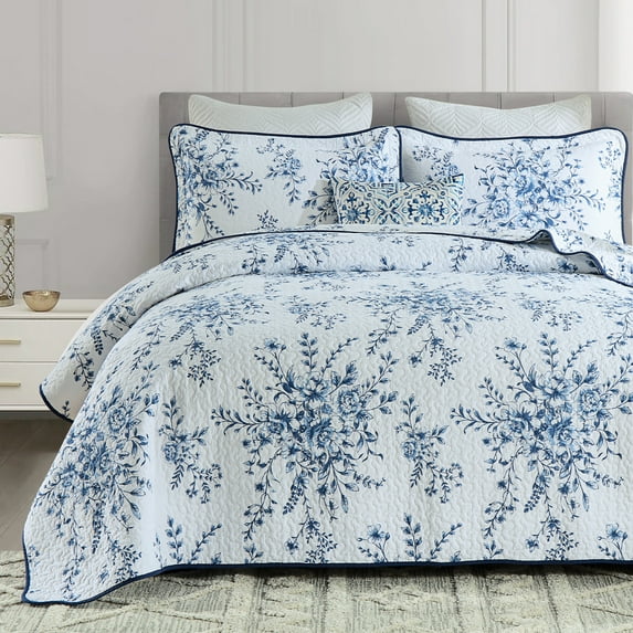 Y-PLWOMEN 100% Cotton Quilt Queen Size - Floral Queen Size Quilt Bedding Set, Reversible Botanical Quilted Bedspread Lightweight Comforter, White Blue Bed Spread for Queen Bed with Pillow Shams