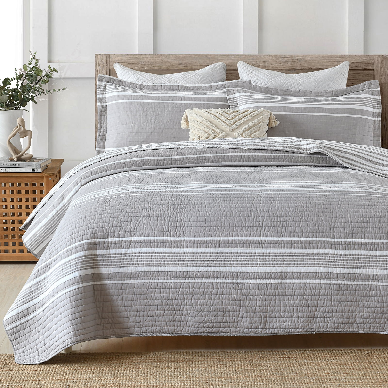 Y-PLWOMEN 100% Cotton Quilt Queen Size - Gray Quilt White Striped Lightweight Quilted Bedspread, Queen Comforter Set, Soft Bed Spread for Queen Bed with Pillow Shams