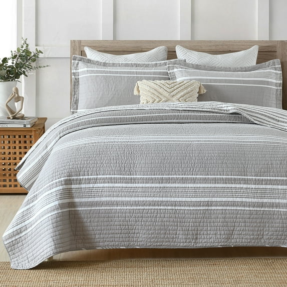 Y-PLWOMEN 100% Cotton Quilt Queen Size - Gray Quilt White Striped Lightweight Quilted Bedspread, Queen Comforter Set, Soft Bed Spread for Queen Bed with Pillow Shams