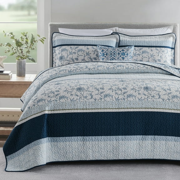 Y-PLWOMEN 100% Cotton Quilt Queen Size - Navy Striped Lightweight Quilt, Floral Quilted Bedspread Lightweight Comforter Set, Soft Bed Spread for Queen Bed with Pillow Shams
