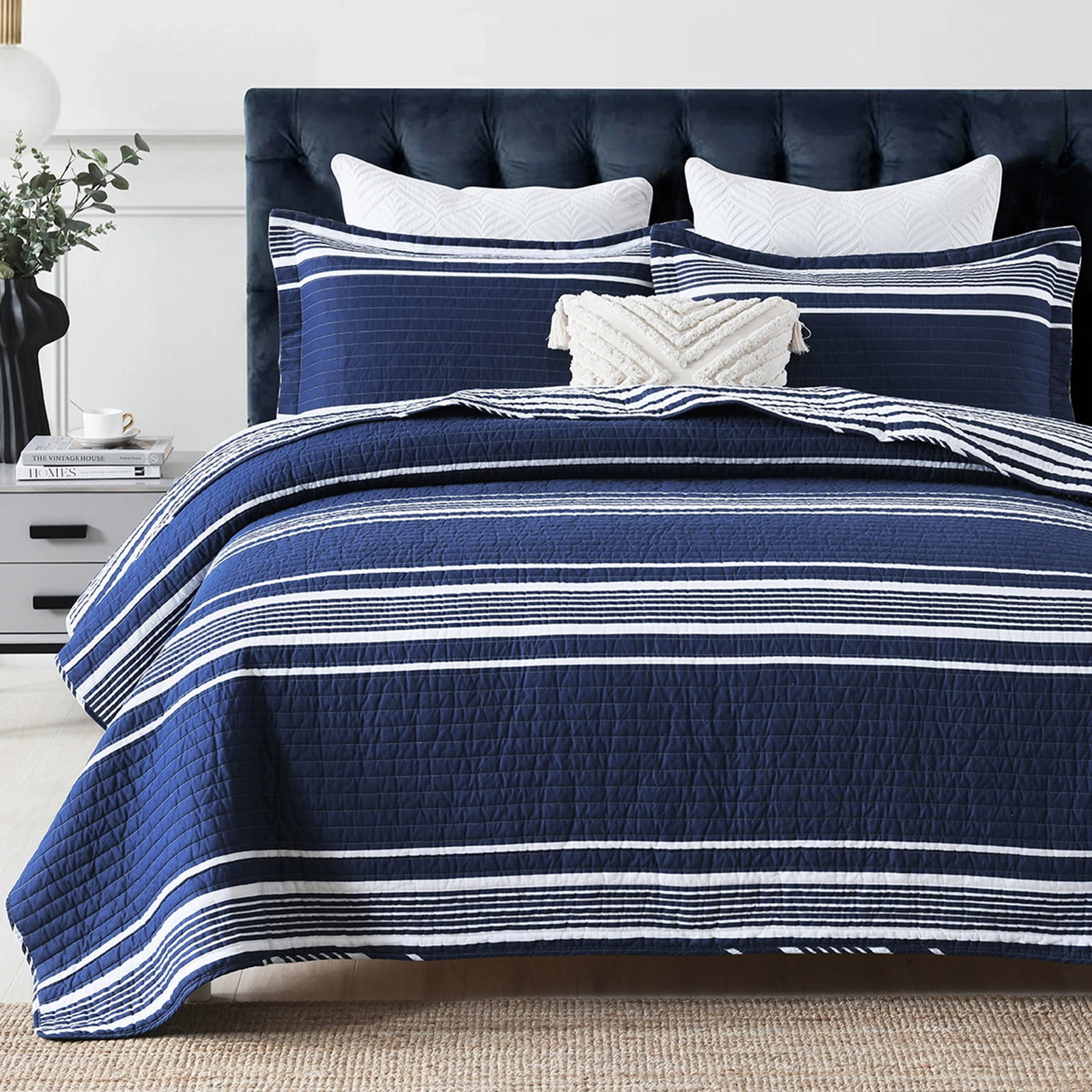 Navy Blue and Gray Striped Cotton Queen Quilt Set