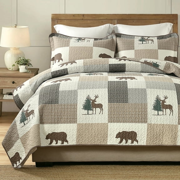 Y‑PLWOMEN 100% Cotton Quilt Set Queen Size 90"x98", Cabin Lodge Animal Print Patchwork Reversible Quilted Bedspread, Lightweight Beige Brown Gray Comforter Bedding Set,3 Pcs(1 Quilt, 2 Pillow Shams)
