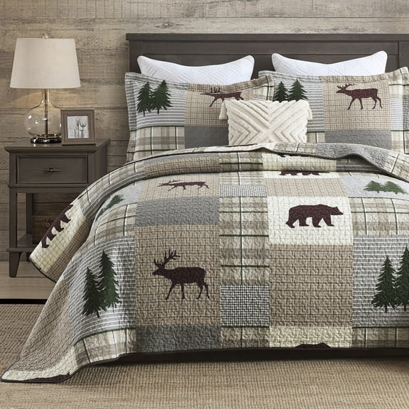 Y-PLWOMEN Cabin Quilt King Size - 100% Cotton Lodge Farmhouse Comforter Lightweight Quilted Bedspread, Plaid Bear and Deer Soft Bed Spread for King Bed with Pillow Shams, Grayish Brown/Green