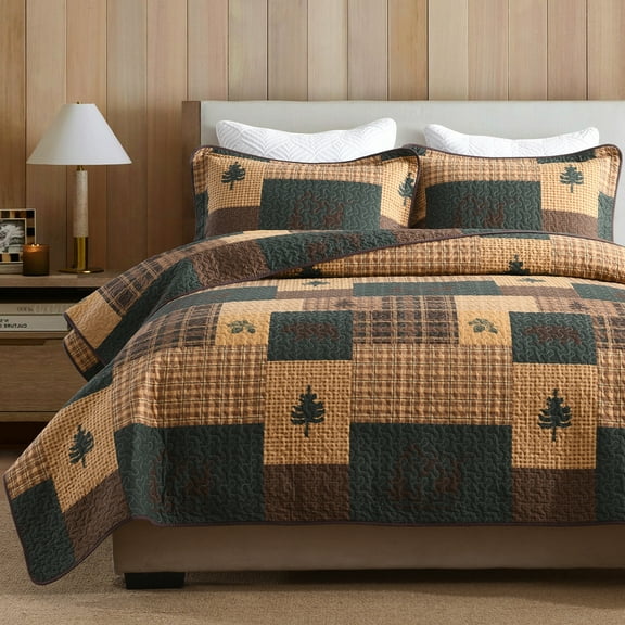 Y-PLWOMEN Cabin Quilt King Size - 100% Cotton Lodge Farmhouse Comforter Lightweight Quilted Bedspread, Plaid Bear and Deer Soft Bed Spread for King Bed with Pillow Shams, Dark Brown/Dark Green