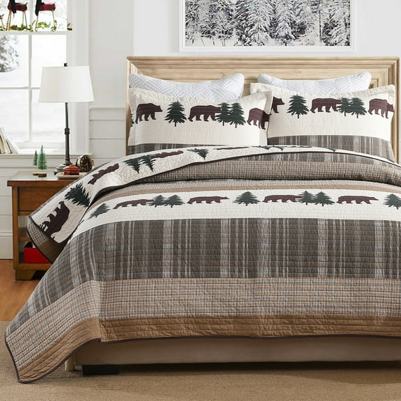 Y-PLWOMEN Cabin Quilt Queen Size - 100% Cotton Lodge Farmhouse Comforter Lightweight Quilted Bedspread, Plaid Bear and Deer Soft Bed Spread for Queen Bed with Pillow Shams, Brown/Green/White