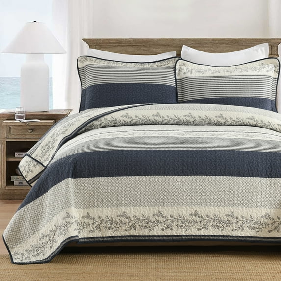 Y-PLWOMEN Cotton Quilt Set Queen Size, Queen Quilt Bedding Set Bedspreads, Floral Striped Quilt, Lightweight Quilted Comforter for Queen Bed, Navy/White/Light Gray, All Season, 3 Pieces