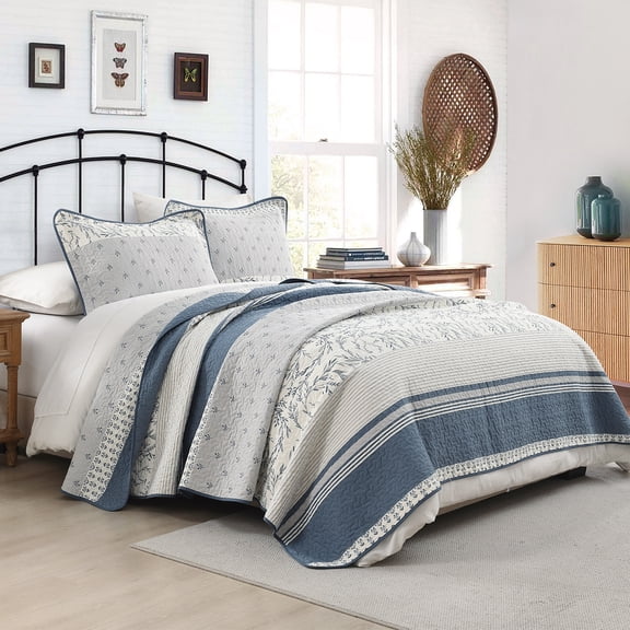 Y-PLWOMEN King Size 100% Cotton Quilt Bedding Set, Modern Farmhouse Botanical Stripe Reversible Quilted Bedspread, Cozy Lightweight Comforter for King bed, All-Season, 3-Piece, Blue Gray Off-White