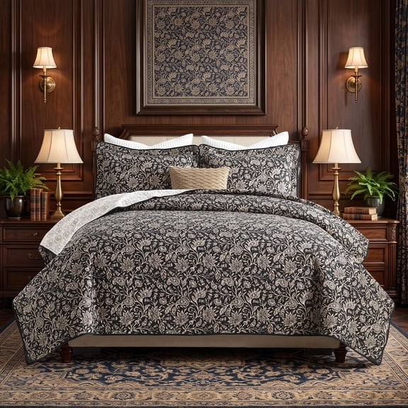 Y-PLWOMEN King Size 100% Cotton Quilt Bedding Set, Modern Farmhouse Botanical Paisley Reversible Quilted Bedspread, Vintage Lightweight Comforter for King Bed, All-Season, 3Piece, Black Taupe Beige