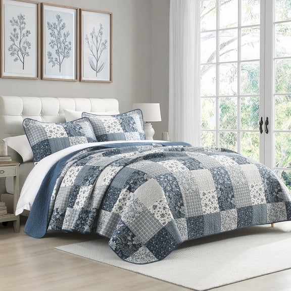 Y-PLWOMEN 100% Cotton Farmhouse Quilt set King Navy Blue Gray Cream, Vintage Botanical Floral Plaid Patchwork Bed Spread for Home Decor, Lightweight Reversible Comforter / Coverlet / Blanket, 3 Piece