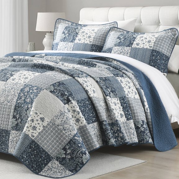Y-PLWOMEN 100% Cotton Farmhouse Quilt set King Navy Blue Gray Cream, Vintage Botanical Floral Plaid Patchwork Bed Spread for Home Decor, Lightweight Reversible Comforter / Coverlet / Blanket, 3 Piece