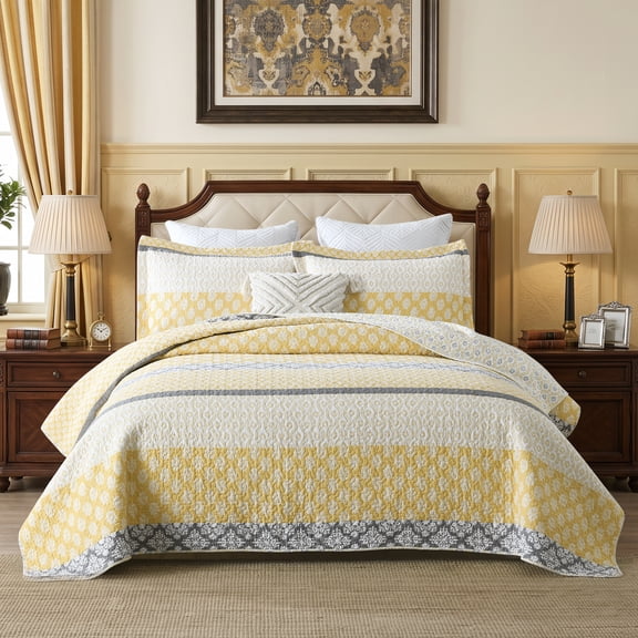 Y-PLWOMEN Yellow Floral King Size Quilt Set, 100% Cotton Cottage Striped Patchwork Quilted Bedspread for King Bed, Farmhouse Lightweight Reversible Comforter Bedding Set Boho, 3pc, Yellow Gray White