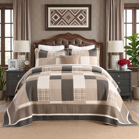 Y-PLWOMEN Oversized King Bedspreads 120x120, 100% Cotton Lightweight Reversible Plus Comforter, Farmhouse Plaid Patchwork Quilt Bedding Set, Neutral Taupe Charcoal Black Cream Bed Spread, 3-Piece