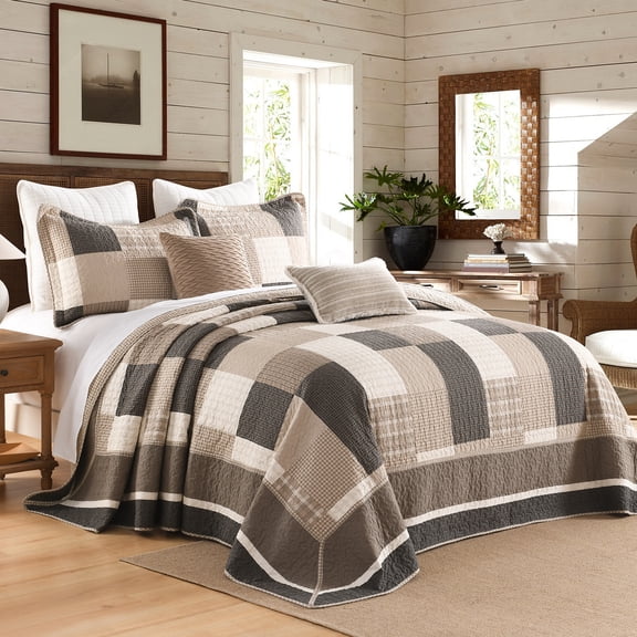 Y-PLWOMEN Oversized King Bedspreads 120x120, 100% Cotton Lightweight Reversible Plus Comforter, Farmhouse Plaid Patchwork Quilt Bedding Set, Neutral Taupe Charcoal Black Cream Bed Spread, 3-Piece
