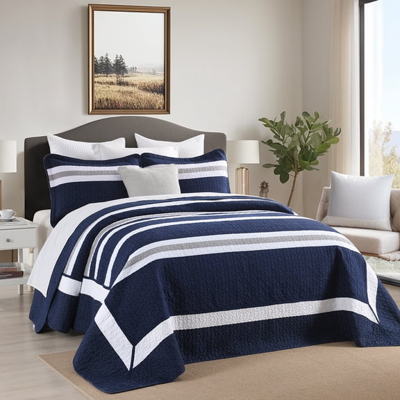 Y-PLWOMEN Navy Striped Oversized King Size Bedspread Set, 100% Cotton Modern Farmhouse Reversible Quilted Quilt, Lightweight All-Season Bedding Comforter for Home Decor, 3pc, Navy Gray White, 120x120