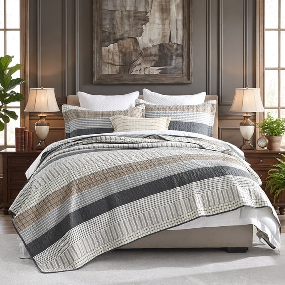 Y-PLWOMEN Quilts for King Bed-100% Cotton Light Weight Reversible Quilted Bedspread, Modern Farmhouse Rustic Striped Patchwork Bedding Set, Neutral Vintage Gray Brown Bridge King Size Comforter, 3pc
