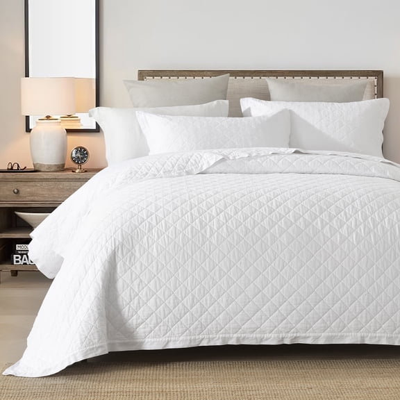 Y‑PLWOMEN Queen Size 100% Cotton Quilt Bedding Set, Chic Solid Color Diamond Pattern Quilted Bedspread, Cozy Bright Versatile White Lightweight Quilted Comforter, 3 Pieces