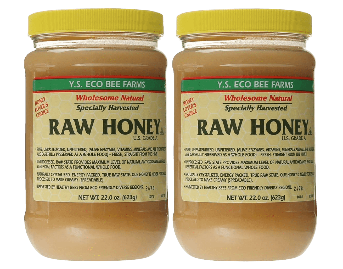 Y.S. Bee Farms Organic Honey Raw Unfiltered - 22 oz 2 Pack - U.S. Grade A Raw Honey, Packed by ILIOS