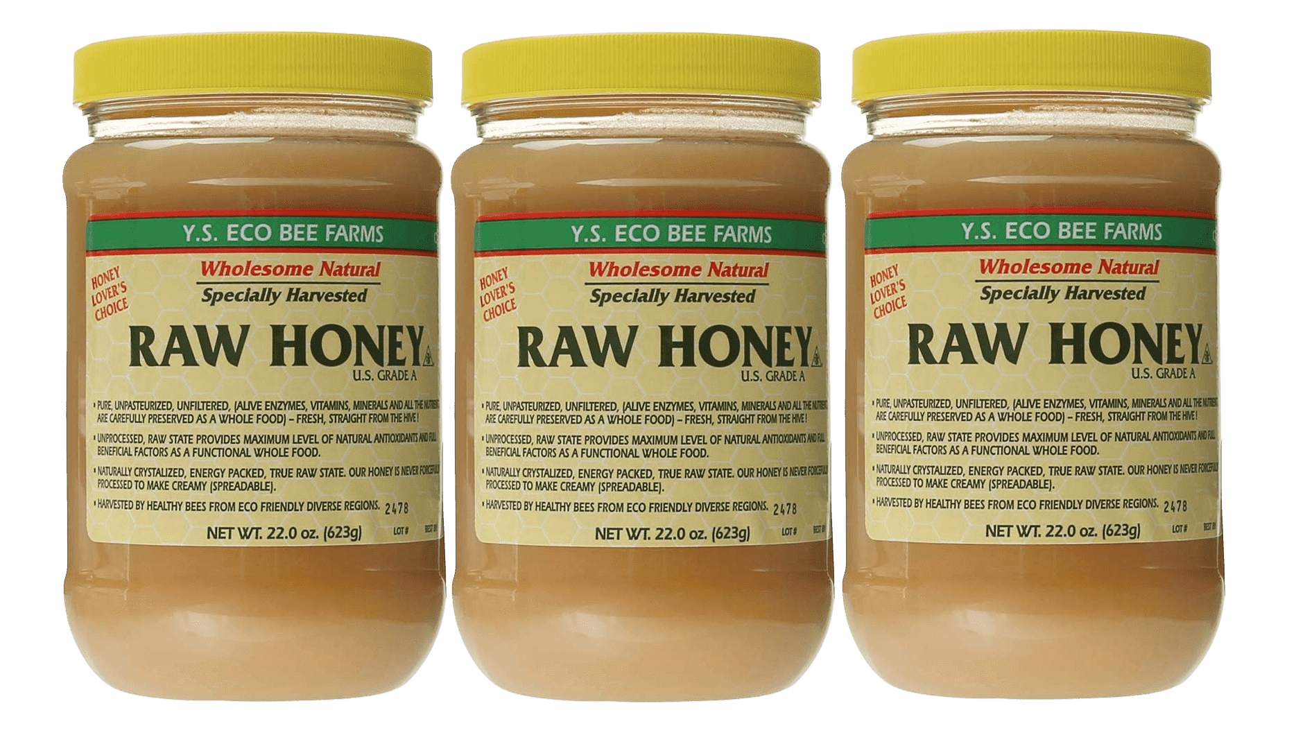 Y.S. Bee Farms Organic Honey Raw Unfiltered - 22 oz 3 Pack - U.S. Grade A Raw Honey, Packed by ILIOS