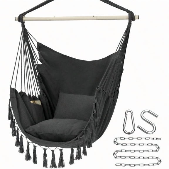 Y STOP Hammock Chair Hanging Rope Swing Max 500 Lbs 2 Cushions Included Large Macrame Hanging Chair With Pocket Cotton Weave For Superior Comfort Durability Dark Grey