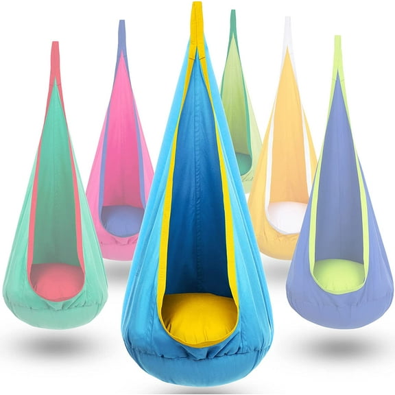 Y-STOP Kids Pod Swing Seat, Hanging Hammock Chair with Inflatable Pillow, Sensory Swing Chair with Pocket for Indoor and Outdoor (Blue Yellow)