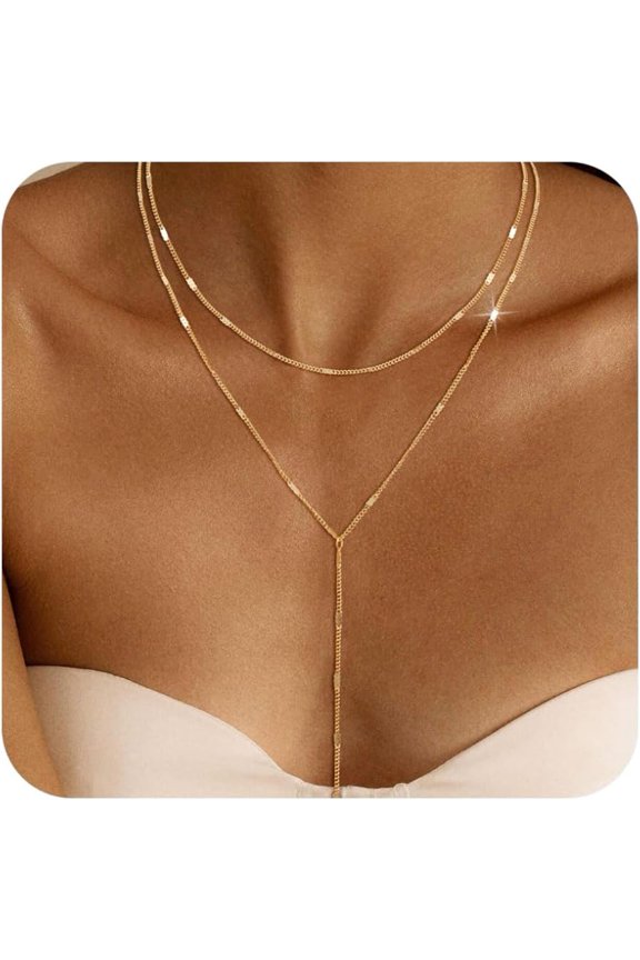 Y-Shape Gold Necklace for Women - 14K Gold Plated Minimalist Pendant Chain Jewelry, Elegant Gift for Anniversary